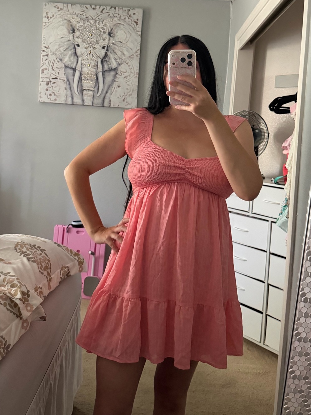 Coral Pink Ruffled Flutter Sleeves Babydoll Mini Sundress Medium